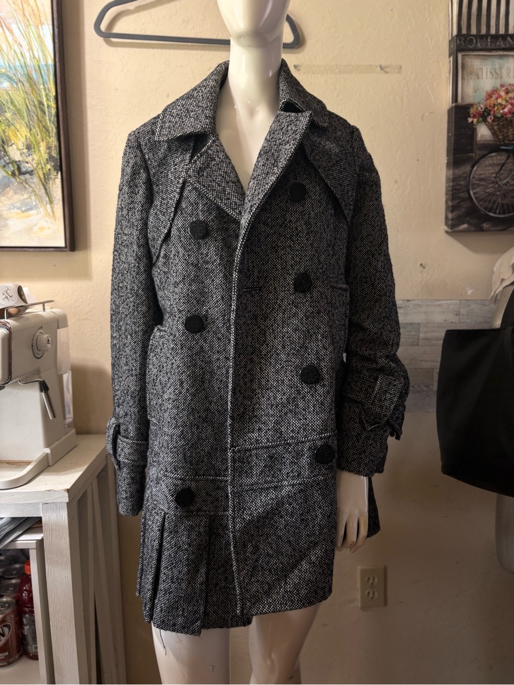 Guess Black & White Tweed Double-Breasted Pea Coat